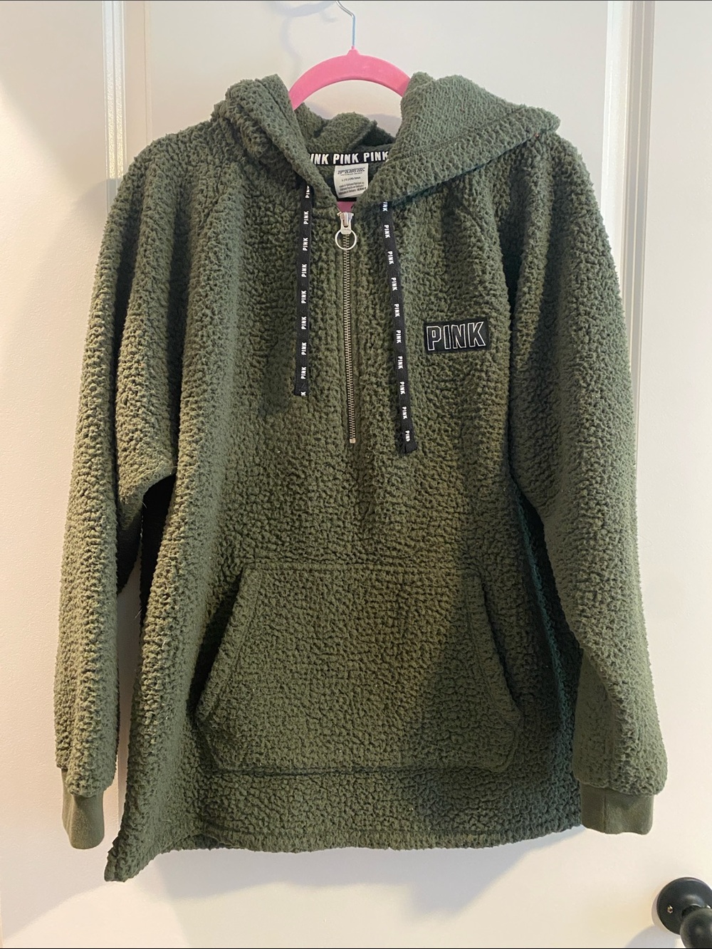 PINK Olive Sherpa Half-Zip Hoodie with Branded Drawstrings